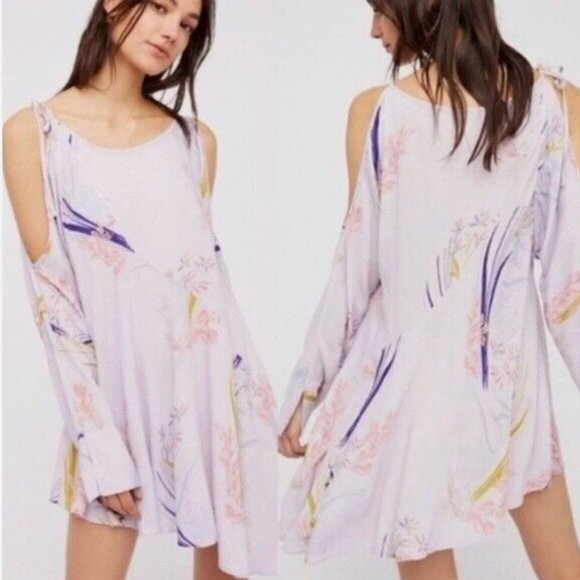 FREE PEOPLE Fall Dress Tunic Clear Skies Lilac Shift Cold Shoulder Floral Large - Picture 12 of 14